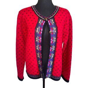 Vintage Tally Ho 100% Boiled Wool Button Chunky Knit Cardigan Sweater Red Floral